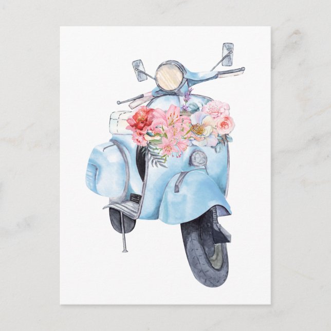 Vintage blauer Roller mit Blumen Postkarte (Vorderseite)
