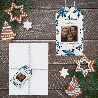 Vintage-blauer Schneeklocken-Weihnachtsfoto-Aufkle Geschenkanhänger
