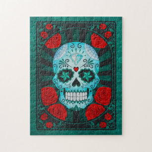 Vintage-Blauer Zuckerschädel mit Rosenplakat Puzzle