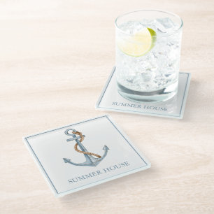 Vintage Blaues Anker mit Seil personalisiert Glasuntersetzer