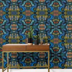 Vintage Blaues Drachen-Botanikmuster Entfernbar Tapete