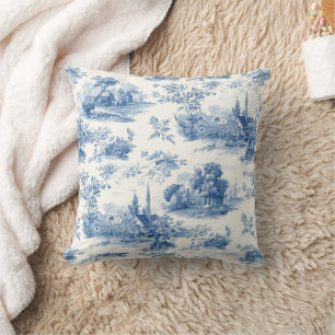 Vintage-blaues französisches Toile-Jouy-Blumenmust Kissen