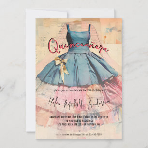 Vintage Blaues Kleid Watercolor Quinceanera Einladung