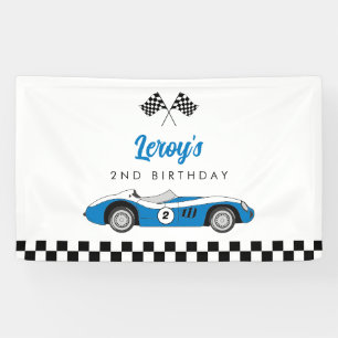 Vintage Blaues Rennwagen Junge 2. Geburtstagsfeier Banner