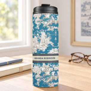 Vintage blaues türkis Toile de Jouy Monogramm Thermosbecher