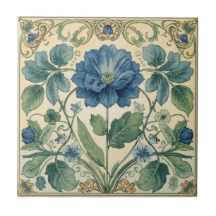 Vintage Blaues und Grünes Art Nouveau Blumenmuster Fliese