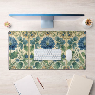 Vintage Blaues und Grünes Art Nouveau Blumenmuster Schreibtischunterlage
