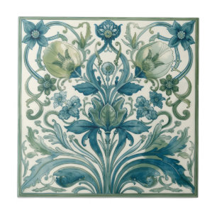 Vintage Blaues und Grünes Art Nouveau Florales Fliese
