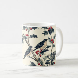 Vintage Blaumeise Stechpalme Weihnachten Creme Rot Kaffeetasse