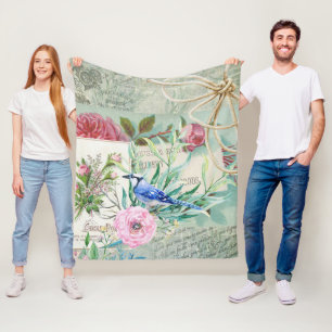 Vintage Blaumerle Vogel Rosa Rose Florale Collage Fleecedecke