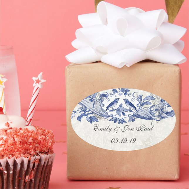 Vintage Blauvögel Hochzeitsticker Ovaler Aufkleber (Party)