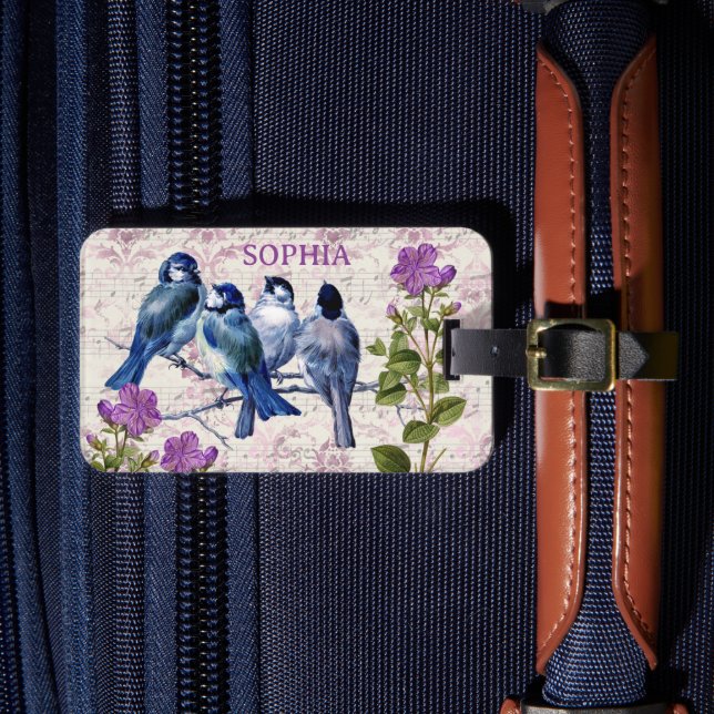 Vintage Blauvögel, violette Blumen, Lavendelmusik Gepäckanhänger (Vorderseite Insitu 4)