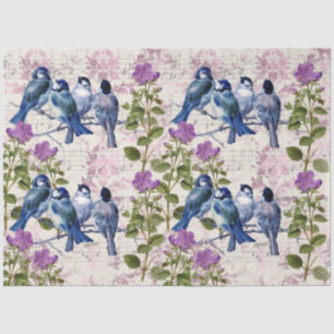 Vintage Blauvögel, violette Blumen, Lavendelmusik Seidenpapier