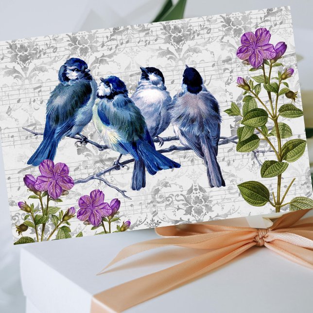 Vintage Blauvögel, violette Blütenmusik, Decoupage Seidenpapier (Von Creator hochgeladen)