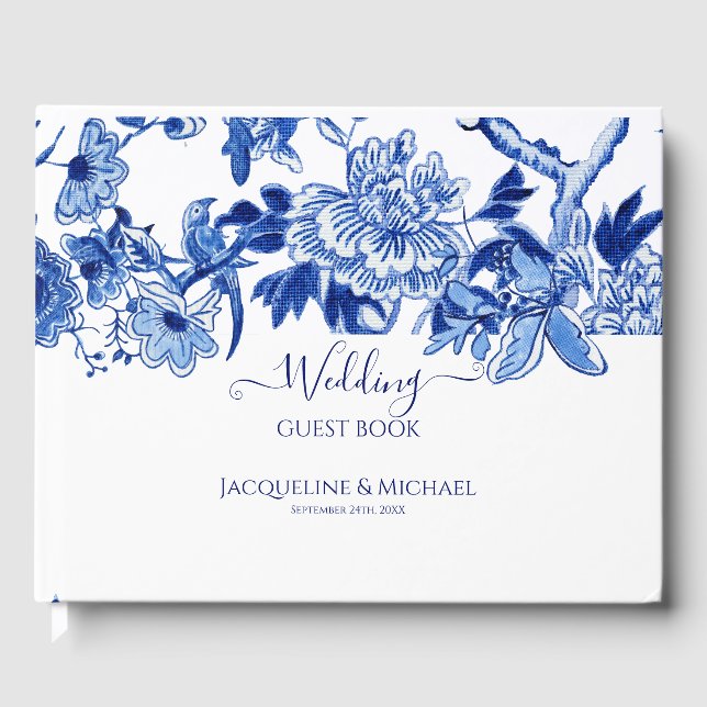 Vintage Blauweiße Vögel Blütenblätter in Blättern  Gästebuch (Vorderseite)