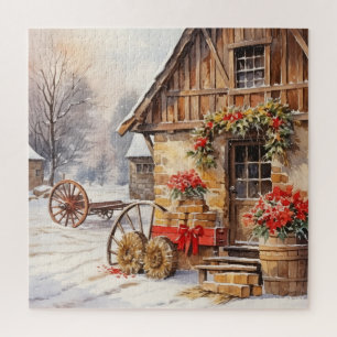 Vintage-Blockhütten, dekoriert für Weihnachten im Puzzle