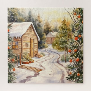 Vintage Blockhütten mit dekoriertem Outdoor-Weihna Puzzle