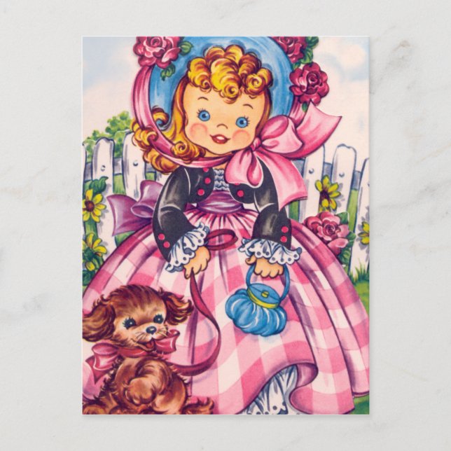 Vintage Blondine mit Hund Postkarte (Vorderseite)
