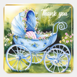 Vintage Blue Baby Carriage in Garden Bloom Quadratischer Aufkleber