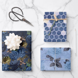 Vintage Blue Bee Blume Mix und Match Geschenkpapier Set