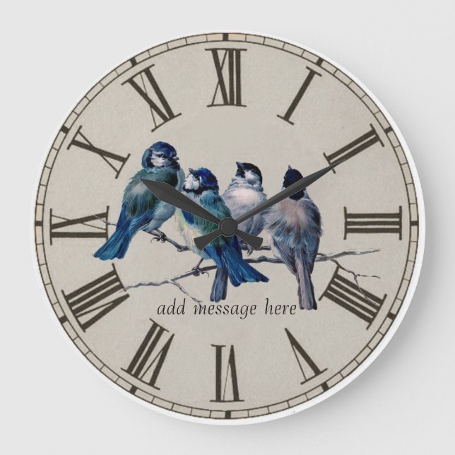 Vintage Blue Birds Illustrated Große Wanduhr (Vorderseite)