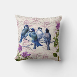 Vintage Blue Birds, Purple Flowers, Lavender Music Kissen