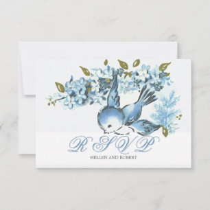 Vintage Blue Birds Winter Wedding UAWG RSVP Karte
