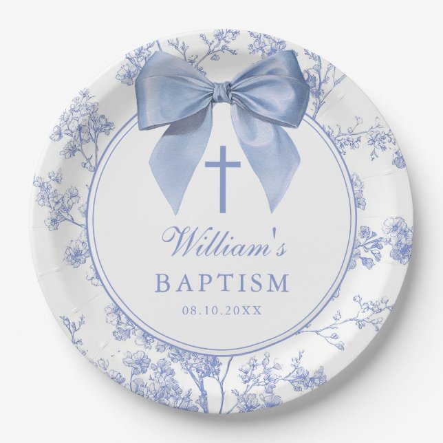 Vintage Blue Bow Floral Baptism Christening Pappteller (Vorderseite)