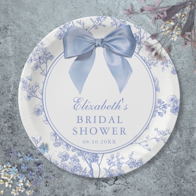 Vintage Blue Bow Floral Bridal Shower Pappteller (Vintage Blue Bow Floral Bridal Shower Paper Plates)