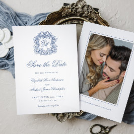 Vintage Blue Elegant Crest Monogram Wedding Photo Save The Date