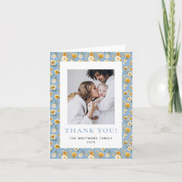 Vintage Blue Floral Photo Thank You Card Dankeskarte