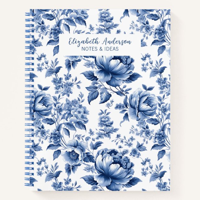 Vintage Blue Floral Rose Pattern Notizbuch (Vorderseite)