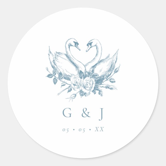 Vintage Blue Floral Swans Monogram Wedding Runder Aufkleber (Vorderseite)