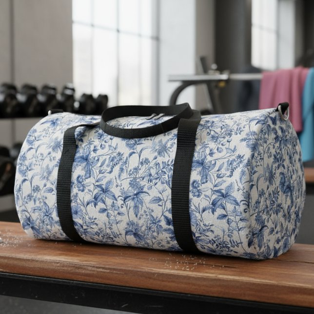 Vintage Blue Floral Toile Elegant Duffle Bag (Von Creator hochgeladen)