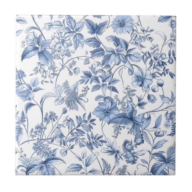 Vintage Blue Floral Toile Elegant Fliese (Vorderseite)