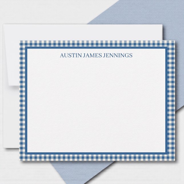 Vintage Blue Gingham Border Personalized Mitteilungskarte (Vintage blue gingham personalized notecard with custom name)