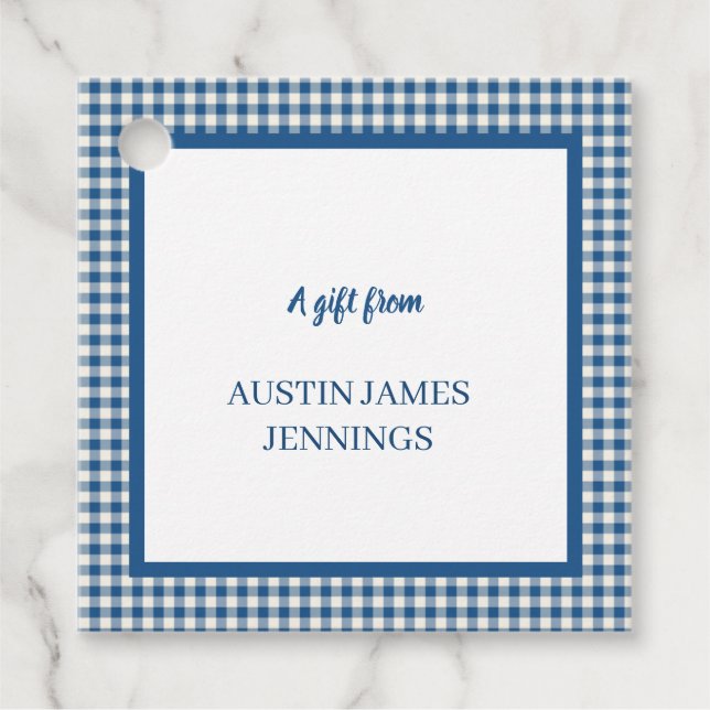 Vintage Blue Gingham with Personalized Name Geschenkanhänger (Vorderseite)