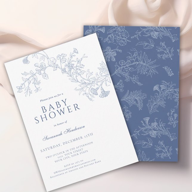 Vintage Blue Line gezeichnete Blumenbaby-Dusche Einladung (Von Creator hochgeladen)