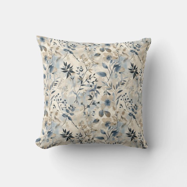 Vintage Blue Neutral Floral Throw Pillow Kissen (Vorderseite)