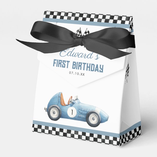 Vintage Blue Race Car 1st Birthday Geschenkschachtel (Vorderseite)