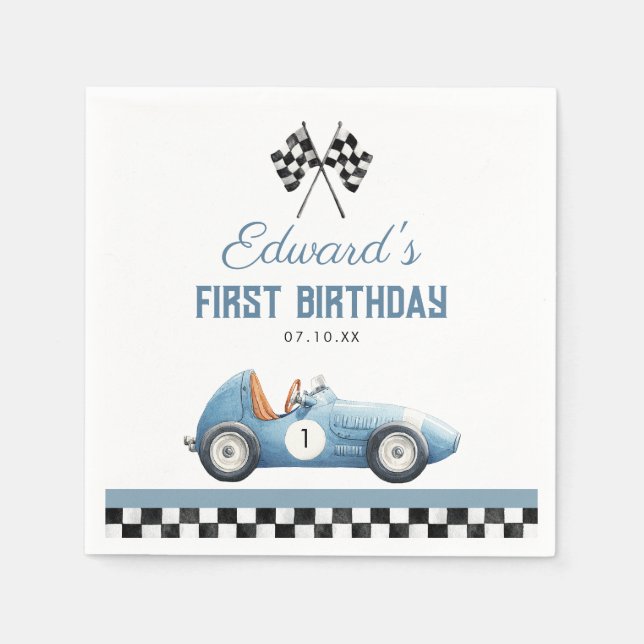 Vintage Blue Race Car 1st Birthday Serviette (Vorderseite)