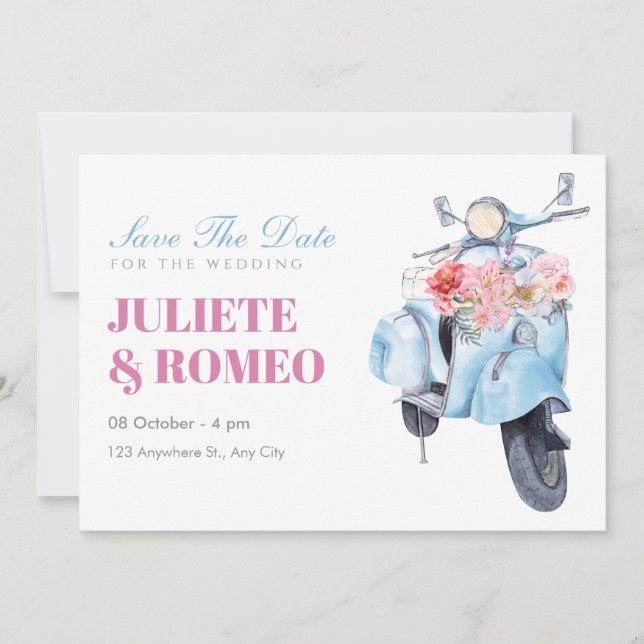 Vintage Blue-Roller-Hochzeit Save The Date (Vorderseite)