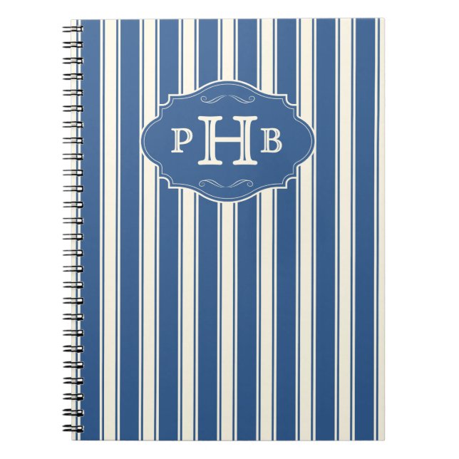 Vintage Blue Stripes Elegant Three-Letter Monogram Notizblock (Vorderseite)