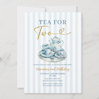 Vintage Blue Tea for two girl Birthday Stripe Einladung
