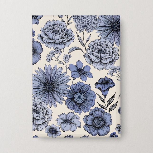 Vintage Blue Toile Floral Botanical Pattern Button (Vorderseite)