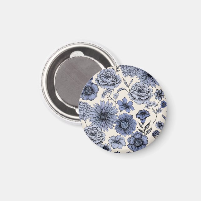 Vintage Blue Toile Floral Botanical Pattern Magnet (Vorderseite/Rückseite)