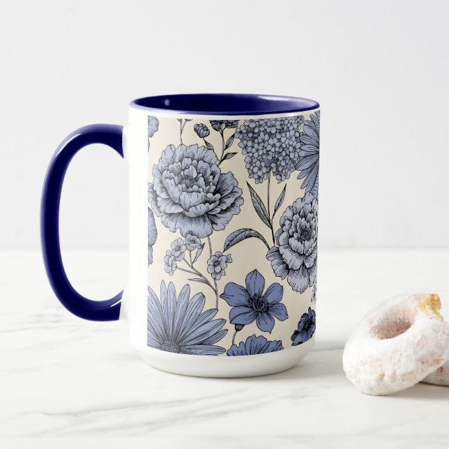 Vintage Blue Toile Floral Botanical Pattern Tasse (Mit Donut)
