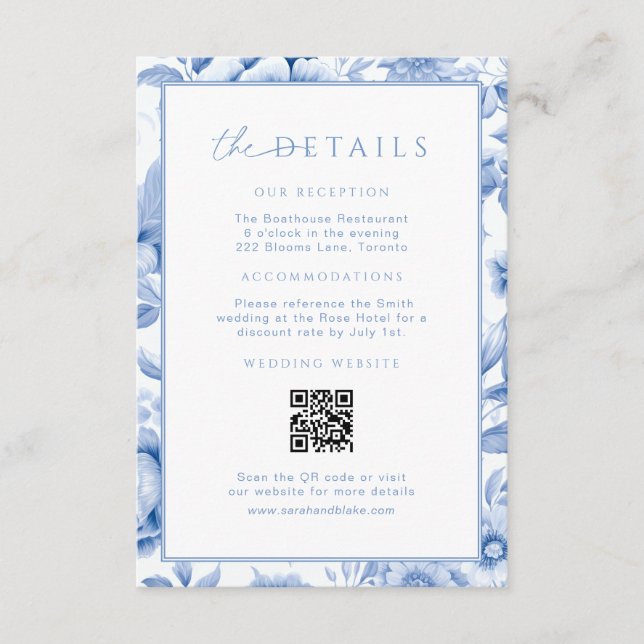 Vintage Blue Toile Hochzeitdetails QR-Code einfüge Begleitkarte (Vorderseite)