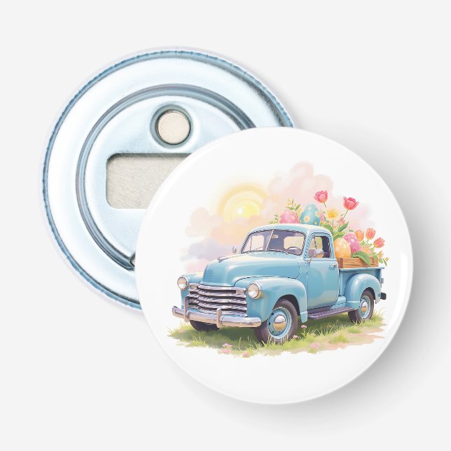 Vintage Blue Truck with Easter Eggs & Tulips Flaschenöffner (Vorderseite)