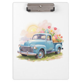 Vintage Blue Truck with Easter Eggs & Tulips Klemmbrett